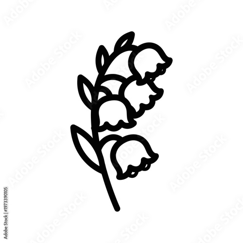 Elegant minimalist line art icon of a delicate lily of the valley blooming stem, perfect for nature-themed designs, spring celebrations, or garden branding and symbolic projects