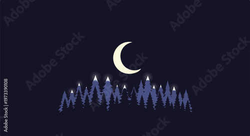 Crescent moon illuminates a serene, silhouetted forest under a dark, starry sky