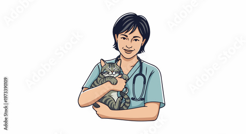 A smiling veterinarian holding a contented tabby cat