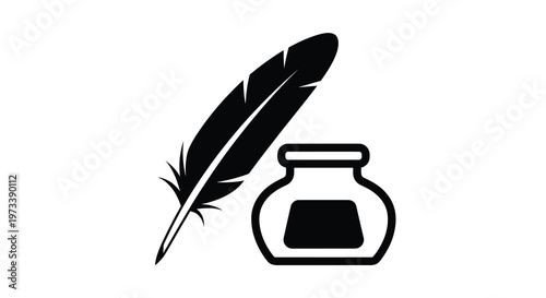 A black feather rests beside a small inkwell a striking silhouette