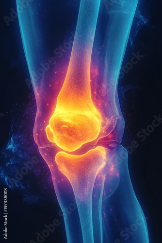 glowing translucent knee joint with inflamed orange-yellow bones and surrounding blue soft tissue conveying intense pain and heat