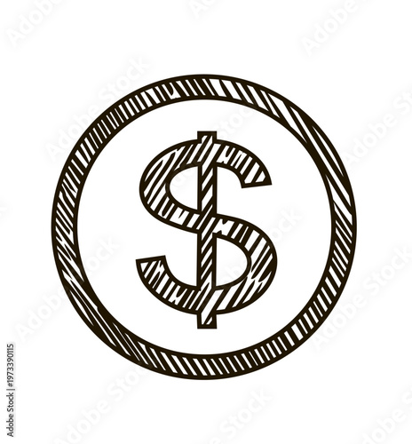 Dollar sign icon in sketch style. Symbol in simple design. Hand drawn illustration isolated on white background. Savings, finance, investments. Perfect for logo, various designs