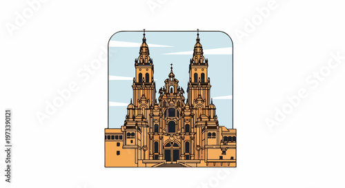 Ornate, symmetrical cathedral with twin spires and detailed facade, set against a cloudy sky