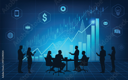 Business team analyzing financial data and growth charts in a digital environment, representing strategy, investment, analytics, and corporate success.