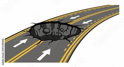 A cracked asphalt road with a large pothole, featuring yellow lines and white arrows