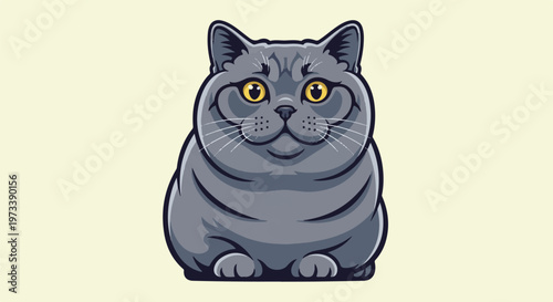 A plump, stylized gray cat with big yellow eyes sits on a plain light background