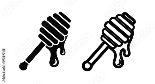 Two honey dippers with dripping honey are displayed in black silhouette