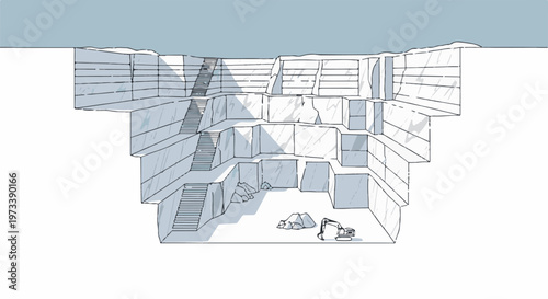 A stylized, hatched sketch depicts a tiered quarry with stone blocks and stairs