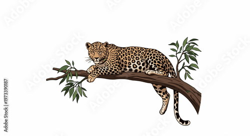 A spotted feline rests on a tree branch amidst green foliage