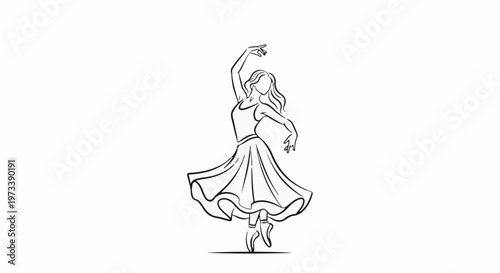A graceful ballerina in a swirling skirt performs on pointe, captured in a fluid sketch