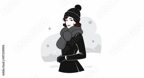 Stylish woman in winter attire with fur collar and knit hat, amidst falling snowflakes