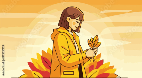 A young person in a yellow raincoat holds autumn leaves against a soft, warm sky