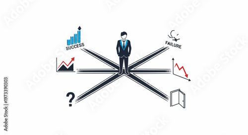 Businessman at crossroads with paths to success, failure, and uncertainty