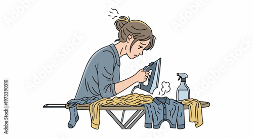 Depressed woman ironing clothes on a board with a spray bottle nearby