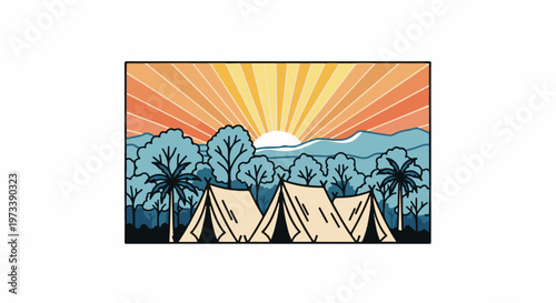 Sunny campsite with tents, palm trees, and mountains under a radiant sky