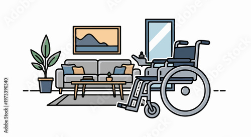 A living room scene featuring a wheelchair, sofa, coffee table, and plant