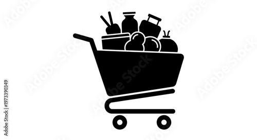Black shopping cart filled with groceries.