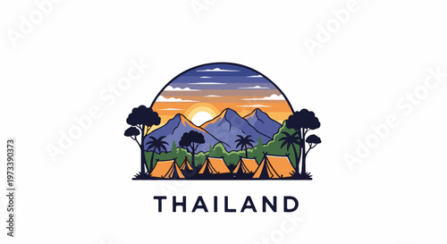 Vibrant sunset over mountains with tents and palm trees, evoking a tropical camping scene