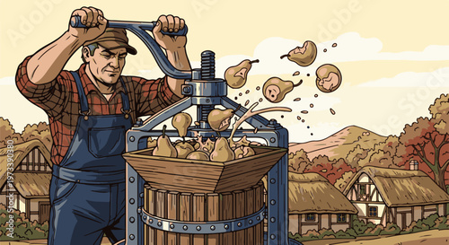 A farmer uses a large wooden press to extract juice from ripe pears in a rural village setting