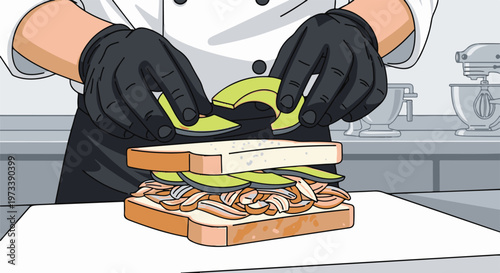 Chef preparing a fresh sandwich with avocado and meat on a cutting board