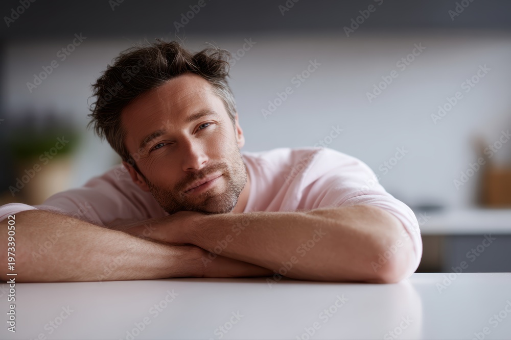 Fototapeta premium Man relaxing at home kitchen during weekend break with calm positive mood