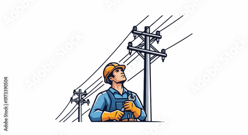 Skilled worker in safety gear inspects overhead power lines with wrench