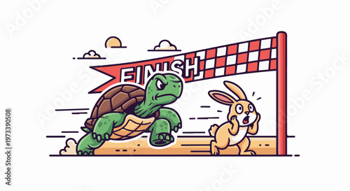 A determined turtle crosses the finish line ahead of a shocked rabbit in a race