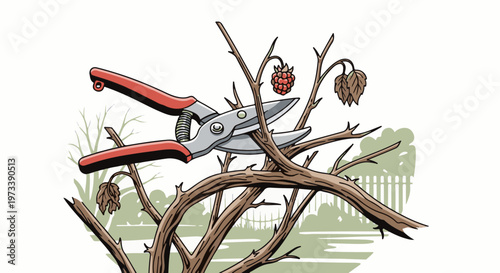 Hand pruners cut a bare raspberry branch, with one ripe berry remaining
