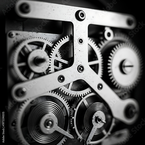 Gear clockwork mechanisms in monochrome with intricate mechanical parts and visible springs, showcasing industrial technology