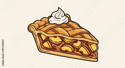 A slice of apple pie with whipped cream, served on a cream background