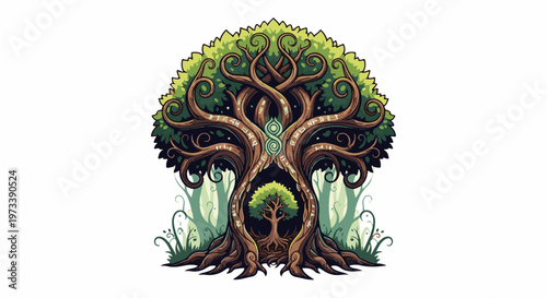 Intricate pixel art of a mystical, ancient tree with carved runes and a smaller sapling within
