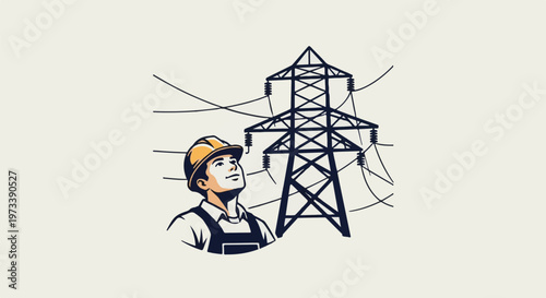 A man in protective gear looks up at a towering electrical pylon and overhead wires