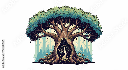 Enchanted forest tree with intricate roots, glowing symbols, and a miniature tree within