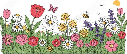 Vector illustration of a colorful spring garden with diverse flowers butterfly and honey bee representing nature growth and blooming summer floral concepts.