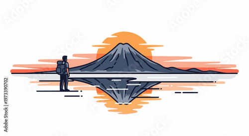 A solo traveler observes a majestic mountain reflected in calm water during sunset