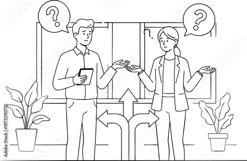 Vector illustration of young business man and woman looking confused with question mark pointing towards direction for problem solving and decision making concepts.