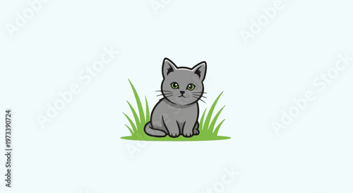 Adorable cartoon grey kitten with green eyes sits in bright green grass, light blue background