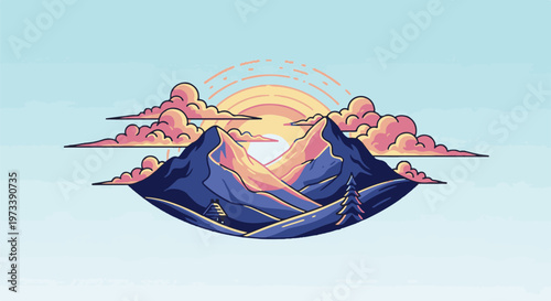 Pixelated mountain peaks, cotton candy clouds, and a radiant sunset under a pale blue sky