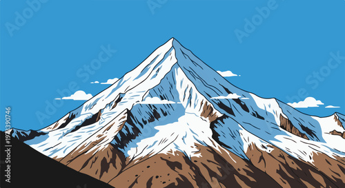 Majestic snow-capped mountain peak under a clear blue sky with scattered clouds
