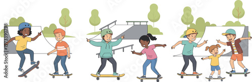 Vector set of happy young children skateboarding and riding skateboards together representing active lifestyle outdoor sports and fun childhood hobby concepts.