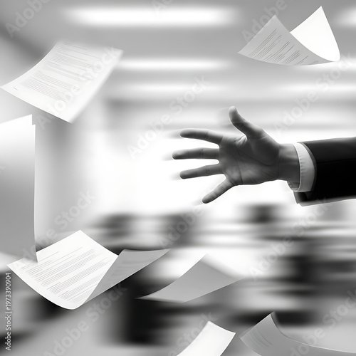 Hand reaching out to grab papers falling in a dynamic black and white office environment, symbolizing chaos and disorganization in business