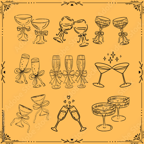 Champagne Glasses Line Art Collection with Bows Vector Illustration. Ai generated