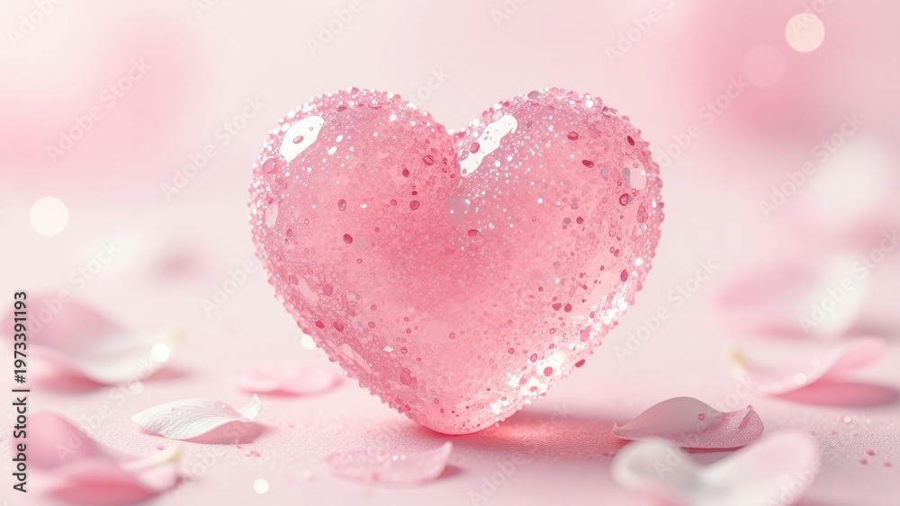 Obraz premium Pink Heart with Water Droplets Surrounded by Rose Petals and Bokeh