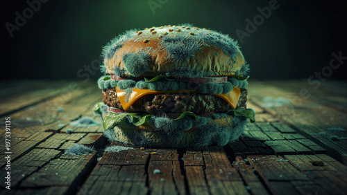 A strikingly vibrant yet repulsive hamburger, entirely covered in dense, fuzzy blue-grey mold, sits decaying, dramatically illustrating food spoilage, decomposition, and potential health hazards...
