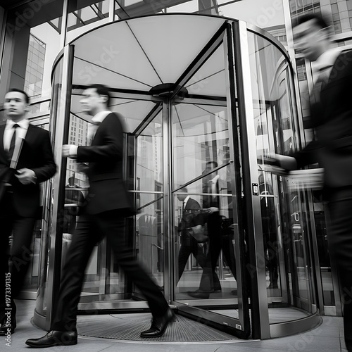 Revolving door entrance with blurred business people in suits entering or exiting a modern corporate building in an office setting