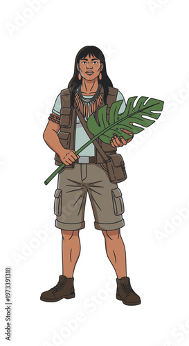 Yanomami man holding a large leaf in rugged explorer outfit  