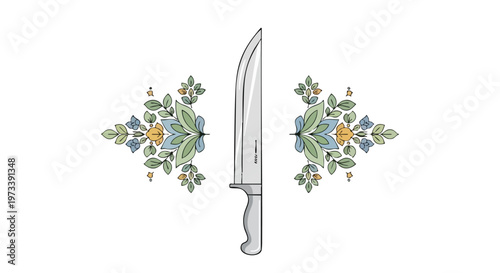 A silver kitchen knife with ornate floral designs on either side