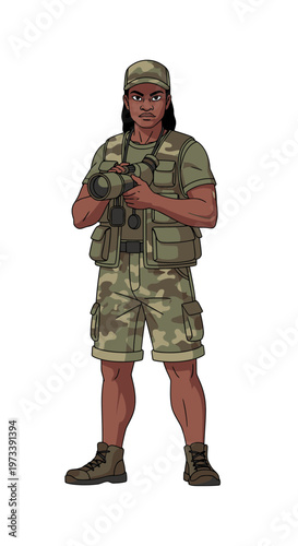 Muscular Melanesian man holding camera in camouflage outfit  