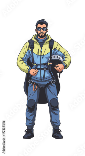 Male paraglider standing with helmet and harness in outdoor gear  