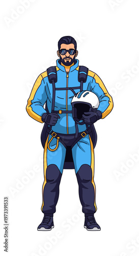 Male skydiver in blue jumpsuit holding helmet and smiling  
